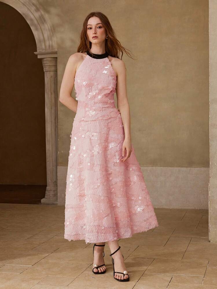 WOMEN'S SLEEVELESS COLOR BLOCK A-LINE MIDI DRESS WITH HALTER