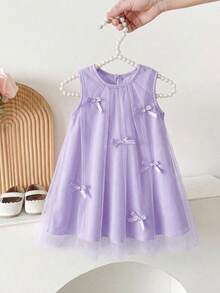 SHEIN Baby GirlSweet Dreamy Pink Mesh Dress, Adorned With Cute 3D Bow Decor, Suitable For Outings, Vacations, And Photo Shoots - Purple - View 3