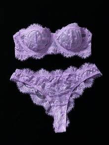 SHEIN 2 piezas Conjunto de lencería de encaje para mujer - Púrpura malva - Ver 3