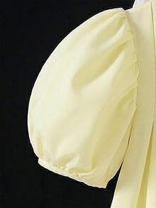 SHEIN Elladie kids Gaun Anak Perempuan Warna Polos Lengan Pendek Mengembang dengan Hiasan Pita di Bagian Belakang - Kuning - View 4