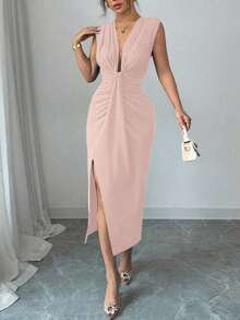 Rafferiza Elegant Sleeveless Deep V-Neck Draped Hem Slit Spring/Summer Dress For Women - Pink - View 3
