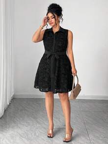 SHEIN Elenzya 优雅夏季女式连衣裙，采用大号梭织面料制成 - 黑色 - 查看 4