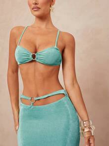 Lumalex Metal Hoop Decor Halter Backless Low Waist Hollow Out Mermaid Maxi Skirt 2 Pieces Set For Women - Mint Blue - View 6