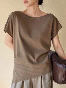 Dazy-Less Camiseta de mujer de manga corta de unicolor casual, versátil para el verano y el estilo casual de negocios - Café integral - Ver 5