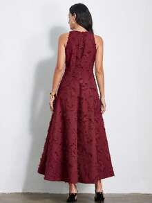 Aveloria Modichic New Arrival Elegant Commuter Style Cutout Decor Extra Long Flared Dress, Special Fabric - Rose Red - View 2