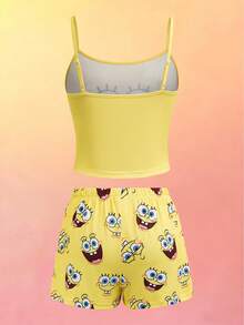 SpongeBob SquarePants | SHEIN Women's Cartoon Print Camisole And Shorts Pajama Set - Yellow - View 2