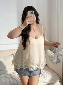 CovetEZ Áo hai dây và áo tank top cỡ lớn mùa hè họa tiết hoa lãng mạn ngọt ngào dành cho kỳ nghỉ. - Màu be - Xem 4