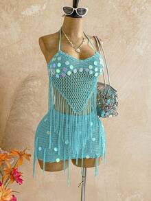 Soleia Women's Teal Sequin Summer Boho Beach Vacation Holiday Sequin Fringe Hem Halter Knit Top And Knitted Mini Skirt Set,Elegant Party Outfits For Women - Mint Green - View 4