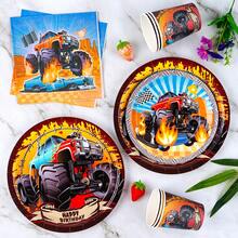 火焰越野车一次性餐盘、餐巾纸和纸杯派对套装，可供24位客人使用。这款一次性纸质派对餐具适用于生日、婚礼、主题派对和家庭野餐。 - 查看 4