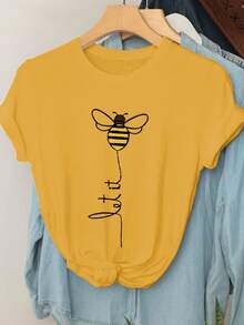 EMERY ROSE Camiseta de manga corta con cuello redondo y estampado animal minimalista para tallas grandes - Mostaza Amarilla - Ver 3