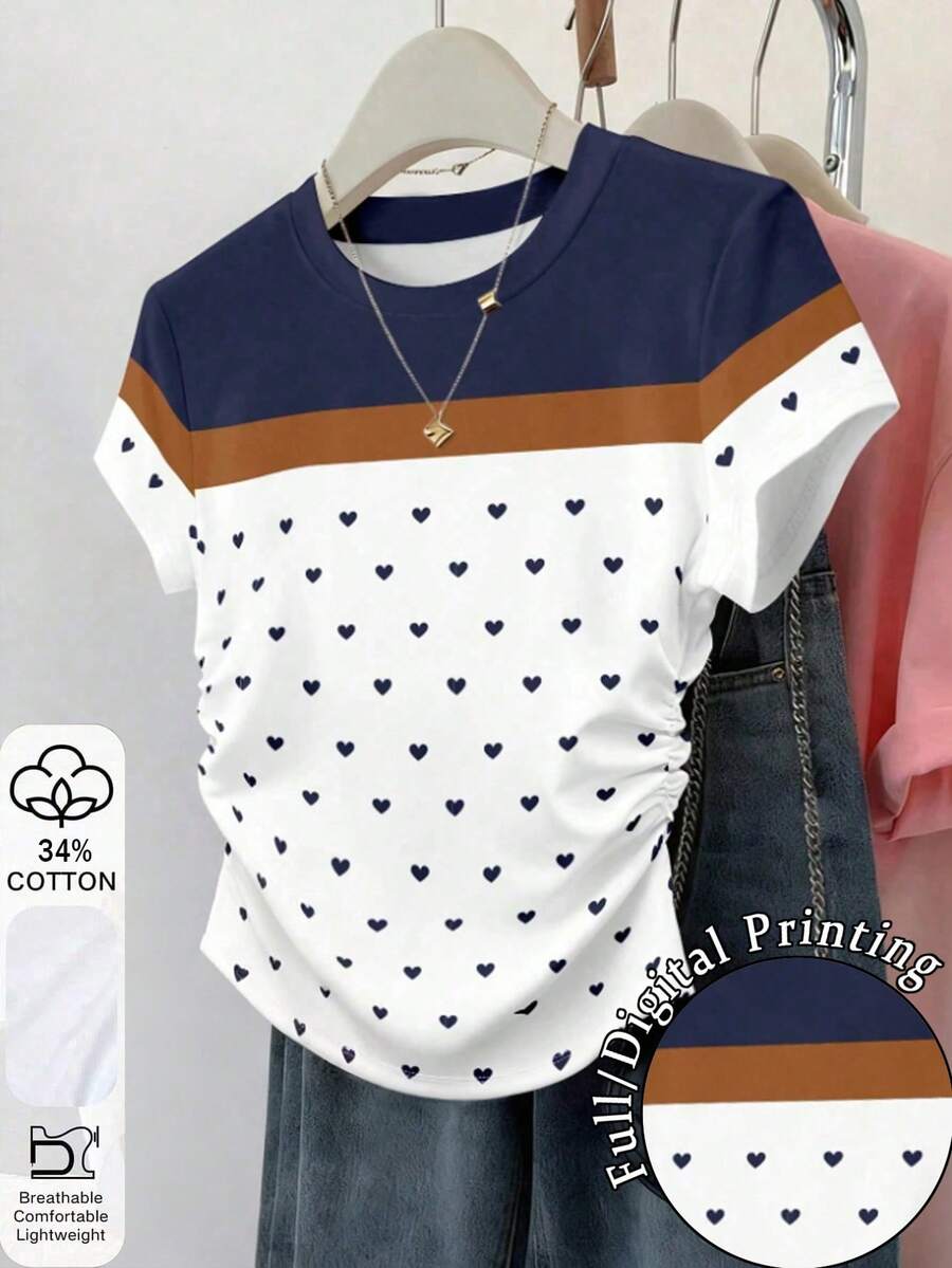 Resyla 女士圆领拼接爱心印花褶皱休闲百搭日常短袖T恤 - 彩色 - 查看 1