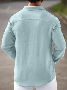 Manfinity CasualCool Men's Casual Linen Long Sleeve Shirt,Dusty Blue,Summer,Beach,Holiday,Simple Solid Color,Suitable For Daily Wear,Commute And Vacation Spring Outfits - Mint Green - View 2