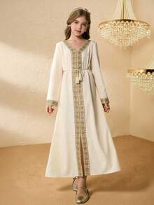 Girls' Long Formal Dress, Elegant Ball Gown - Khaki - View 4