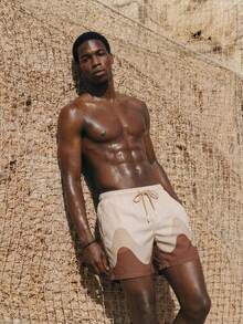 ZELFYO 男士纯色拼接系带口袋简约沙滩短裤，休闲日常穿着，夏威夷风 - 杏色 - 查看 3