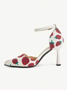 CUCCOO CHICEST Women's Pointed Toe Strawberry Pattern Buckle Design Elegant High Heels - White - View 5