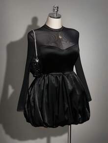 SHEIN ICON Falda de burbuja con parches de malla de talla grande - Negro - Ver 7