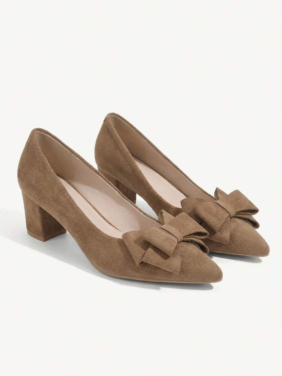 CUCCOO CHICEST Women Shoes Point Toe Bow Decor Fashion Chunky Heeled Suede Court Camel Pumps Vacation Shoes Summer Summer Shoes Summer Break Easter Prom Heels For Christmas Elegant Shoes Wedding Shoes Summer Shoes Bride Shoes - Camel - View 1
