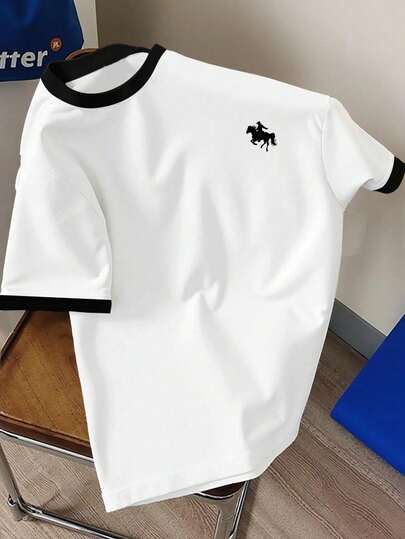 青少年男童新款休闲简约风，Y2K风格，美式复古，撞色设计，学院风，小马标志，运动休闲风宽松舒适时尚简约圆领短袖T恤，适合夏季穿着