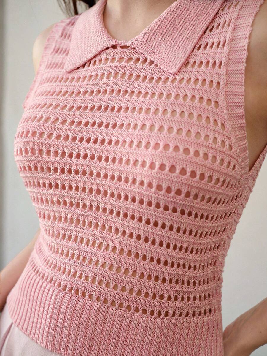 MOTF PREMIUM COLLAR HOLLOW OUT KNIT TOP - Pink - View 2