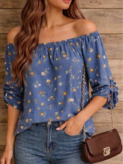 Blusa Bohemio Floral de Manga 3/4 para Mujer, Camiseta de Verano de Mezclilla Falsa Lujosa con Cuello Barco Elástico y Mangas con Puños Atados, Top Versátil y Cómodo para Casual, Trabajo, Citas y Eventos, Estilo Chic