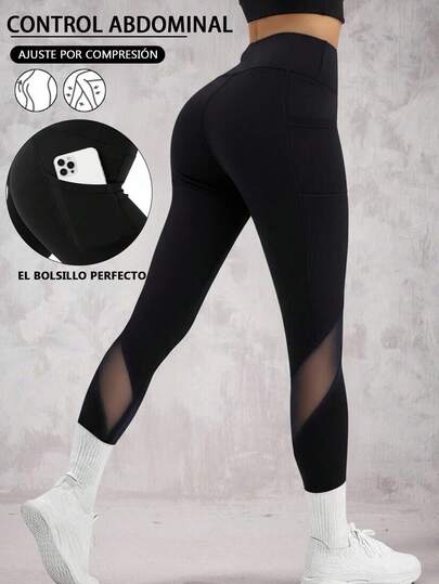 Leggings deportivos mujer, cintura alta, con bolsillos laterales, malla transparente, elástico transpirable, para gimnasio y yoga