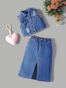 Bộ đồ denim cho bé gái, áo cổ bẻ mùa hè với thiết kế rách, áo gile ngắn và chân váy dài xẻ tà, bộ đồ 2 mảnh denim xanh bạc màu. - Rửa tối - Xem 1