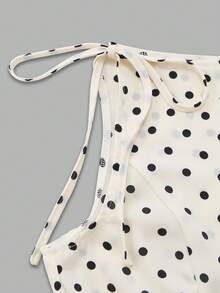 Sweetra Women's Spring/Summer French Elegant Fashion Polka Dot Shoulder Tie Bow Waist Drawstring Casual Commute Versatile Blouse - Apricot - View 3