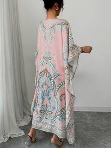 Rafferiza Bata elegante y holgada con estampado digital de colocación de estilo medio oriental, cuello redondo y manga 3/4 para mujeres, primavera/verano - Rosa - Ver 2