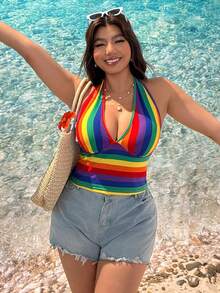 SHEIN EZwear 彩虹条纹系领休闲加大码吊带背心，春夏款 - 彩色 - 查看 5
