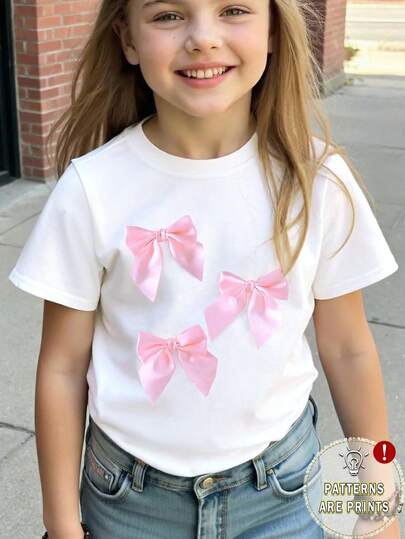 Young Girls' Casual Round Neck Short Sleeve Cropped Asymmetrical Hem Bow Tie Floral Print Blue T-Shirt, Versatile Summer Tee, Soft & Comfortable Fabric, 2026 Spring/Summer New Fashion