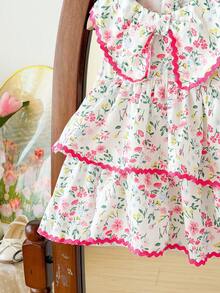 SHEIN LMoss Kids 女宝宝可爱夏季度假森系碎花蝴蝶结领连衣裙 - 粉色 - 查看 3