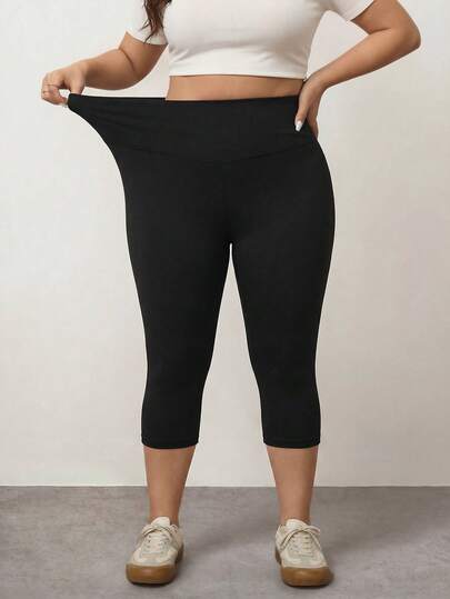 Enliva Plus-Size Solid Color High-Waisted Casual Leggings, 95% Cotton, Stretch 7/8 Length Leggings