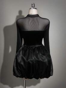 SHEIN ICON Falda de burbuja con parches de malla de talla grande - Negro - Ver 10
