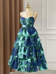 Rometta Robe de cocktail élégante à taille froncée et imprimé tout-sur-tout pour femmes grandes tailles - Vert - Voir 6