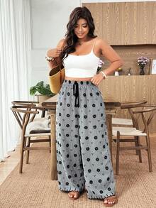 SHEIN LUNE Plus Size Women's New Elegant Black And White Embroidered Drawstring Waist Wide Leg Pants,High Waist Casual Boho Vacation Holiday Autumn - Multicolor - View 5