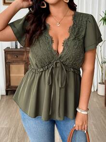 Weeklong Fashionable Spring & Summer Casual French Retro Vacation Elegant Ruffled Tie-Bow V-Neck Lace Trim Blouse - Army Green - View 6