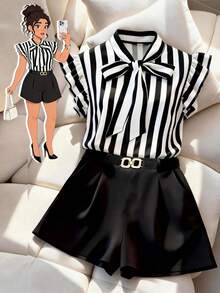 GlowEve CURVE 大码女士优雅黑白条纹套装，喇叭袖蝴蝶结上衣+链条装饰短裤，适合日常通勤、正式场合、约会、外出和度假。 - 黑與白 - 查看 4