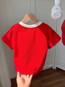 SHEIN Camiseta de manga corta de punto con bloqueo de color informal para bebé/niña pequeña unisex, top de punto - Rojo - Ver 2