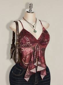 SHEIN ICON Plus Size Women Paisley Print Blue Green Ruffle Trim Camisole Top - Burgundy - View 7