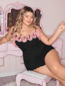 Slumberry CURVE Cute & Fashionable Loose Sexy Pink Ruffle Contrast Color Plus Size Jumpsuit Pajamas - Black - View 4