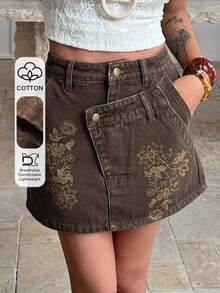 DAZY Falda recta con estampado de cintura regular para mujer, falda vaquera de línea A casual de verano - Marrón - Ver 1