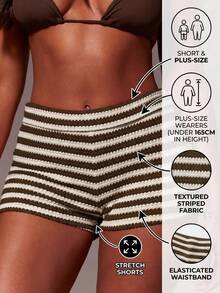 SHEIN PETITE CURVE 新款加大码女装小码夏季休闲度假日常通勤撞色针织条纹短裤，适合娇小身材女性。高腰设计让您看起来更苗条，腿部更修长，针织面料，舒适透气，适合娇小身材女性。适合所有季节和场合，居家休闲，适合娇小女孩和女性，夏季喇叭裤，夏季喇叭裤，夏季服装，夏季度假服装，女士长裤，春季服装，休闲裤，夏季高腰显瘦裤，女士休闲裤，非常适合度假，尤其是海滩度假，女士性感裤，狂欢节服装，2026年狂欢节女士造型，2026年狂欢节女士服装，狂欢节服装 - 棕色 - 查看 1