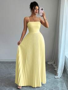 Elenzga Women's Elegant Solid Color Pleated Hem Sleeveless Dress, Summer - Light Yellow - View 3
