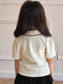 DAZY Young Girls Bow Collar Button Half Placket T-Shirt Summer - Beige - View 2