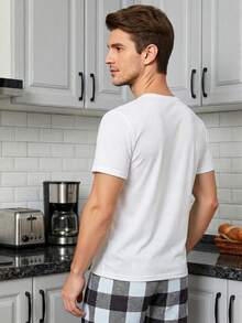 Conjunto De Ropa De Hogar Para Hombre Con Parte Superior De Manga Corta A Cuadros Y Pantalones Cortos - Blanco - Ver 2