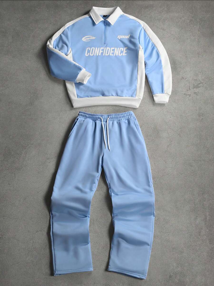 SLATEMANN Conjunto de sudadera con media cremallera y estampado de letras con contraste de color y pantalón de chándal con cordón en la cintura para hombre - Celeste - Ver 1