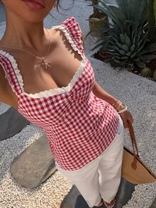 Aloruh New Spring/Summer Women Sexy Sweet Cute Gingham Lace Trim Heart Neck Backless Bow Tie Slim Fit Camisole Vacation Party Tank Top - Red - View 6