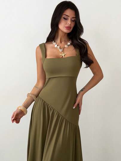 Firerie Women's Elegant Solid Color Asymmetric A-Line Dress, Suitable For Daily Wear, Vacation, Romantic Wedding, Pleated A-Line Spaghetti Strap Dress, Hawaiian Style, Women's Summer Dress, Tea Party Dress, Graduation Dress