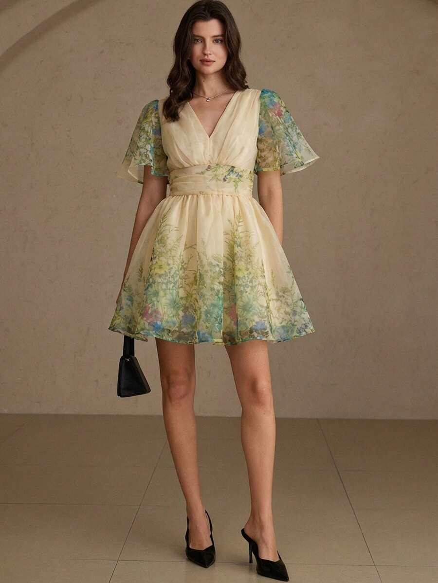 Aveloria Rosie Đầm ngắn tay cổ chữ V, thắt eo, chất liệu organza, kiểu dáng ngọt ngào, thích hợp cho kỳ nghỉ. Hàng mới về. - Nhiều màu - Xem 1