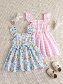 Souflis Souflis 2pcs/Set Toddler Girls' French Style Plaid & Floral Print Ruffle Sleeve Button Front Dress, Cute Summer Holiday Outfit Dresses For Girls - Multicolor - View 3